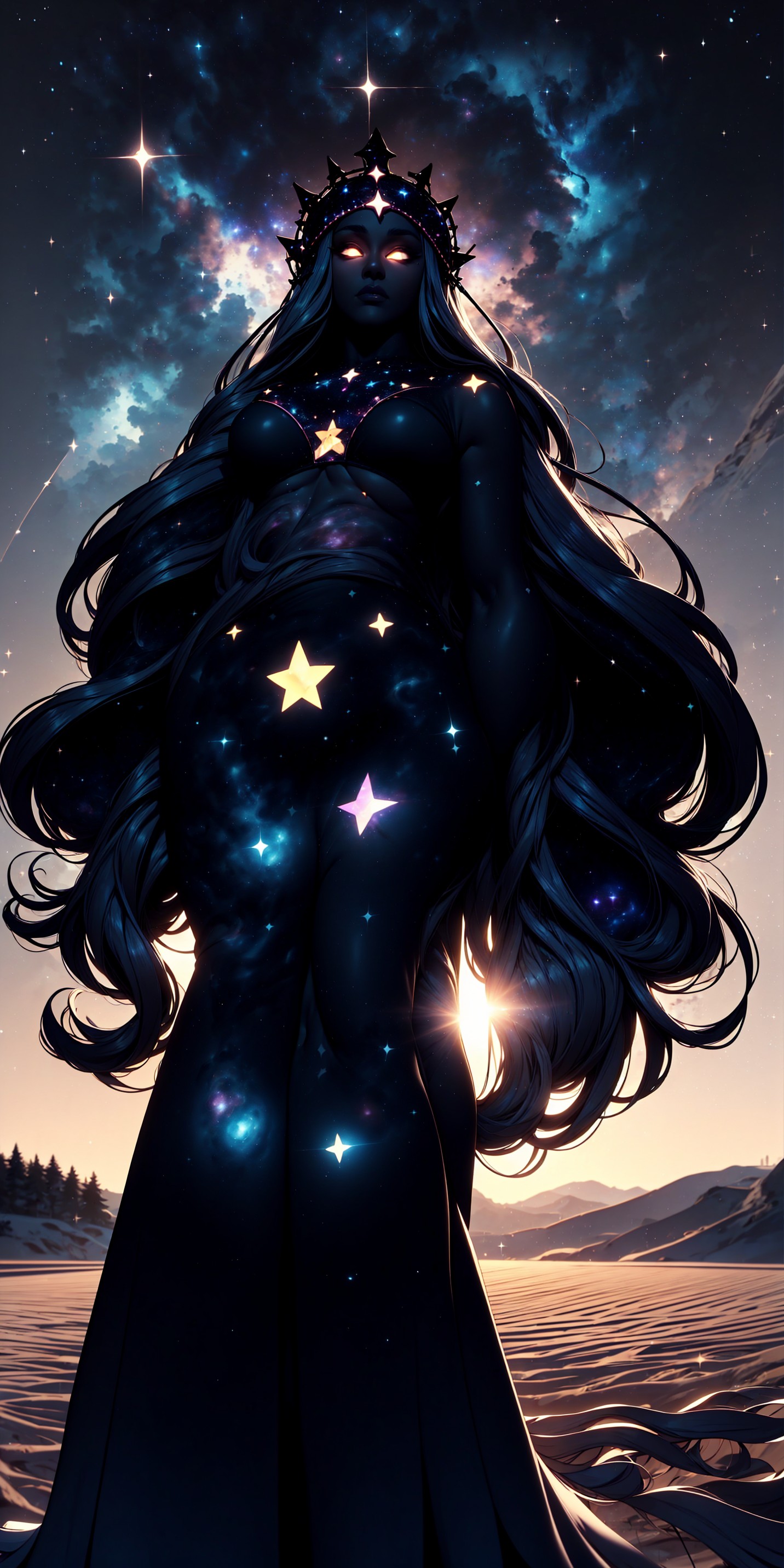 (masterpiece), best quality, expressive eyes, perfect face,
large view, epic scenery, soft colors, soft light, volumetric light, from below, front view, blue hour, (((perspective))),
silhouette of an elegant tall woman, very long hair, greek bra top, long skirt, large headdress, walking on white sand, sunset, dark celestialskin body, silhouette, jet black skin, flat color, colored skin, void cosmic body, stars, starry sky, halocro, , <lora:a30e1052-b297-41a5-94eb-7d4f346273ed:0.7>, <lora:CelestialSkin:0.8>