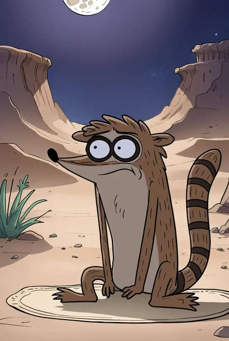 score_9, score_8_up, score_8,
<lora:Rigby_Regular_Show_for_PonyXL:0.8> 1boy, male focus, furry male, r1gby, racoon, solo, tail
parody, source_cartoon,
sitting, night, full moon, desert, magic carpet