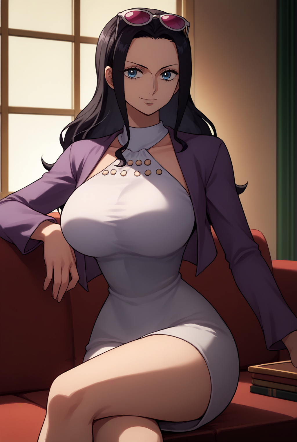 score_9, score_8_up, source_anime,  BREAK solo, 1girl, cowboy shot, looking at viewer,
<lora:NicoRobinAIOPostPart1PdxlDwnsty-000008:1>, stampedenr, blue eyes, black hair, long hair, hair slicked back, sidelocks, sunglasses, eyewear on head, white dress, short dress, purple coat, long sleeves, 
large breasts, smile, sitting, on couch, crossed legs, 
indoors, living room, table, couch, window,