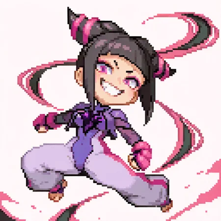 pixel art, chibi,
1girl, han juri, street fighter, black hair, purple eyes, purple leotard, medium breasts, sadistic smile,
solo, standing, full body, looking at viewer,
(white background, simple background:1.3), <lora:ElinSpriteNoobLocon_byKonan:1>
