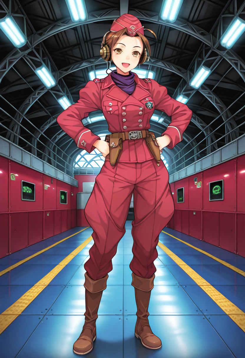 1girl,best quality,marymiyabi1, <lora:MaryMiyabi1ILL:1>,short hair,brown hair,uniform,hat,garrison cap,ahoge,brown eyes,red pants,boots,headphones,standing in hangar,hands on hips,full body,happy,:d,detailed background,masterpiece,high quality,game cg,official art