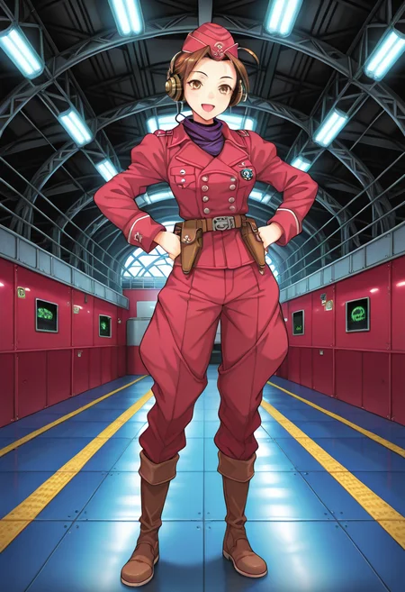 1girl,best quality,marymiyabi1, <lora:MaryMiyabi1ILL:1>,short hair,brown hair,uniform,hat,garrison cap,ahoge,brown eyes,red pants,boots,headphones,standing in hangar,hands on hips,full body,happy,:d,detailed background,masterpiece,high quality,game cg,official art