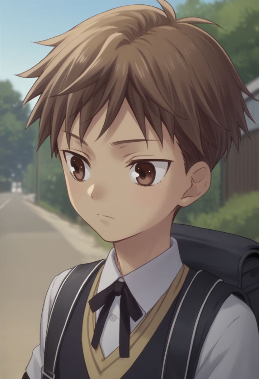 score_9, score_8_up, score_7_up, source_anime, highly detailed, 1boy, solo, male_focus, 
hiro_sohma, solo, brown eyes, brown hair, short hair, school uniform, backpack, bag, upper body, shirt, outdoors,