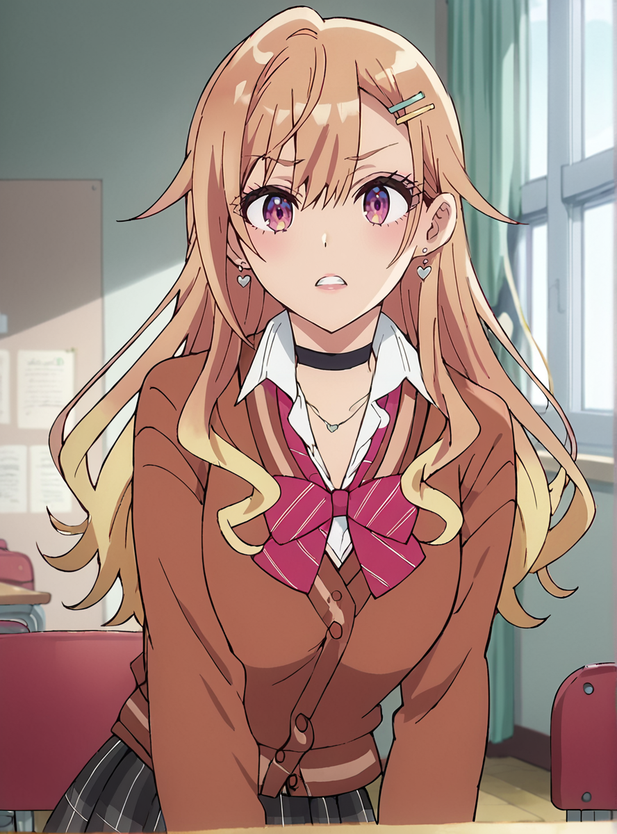score_9, score_8_up, score_7_up, score_6_up, score_5_up, score_4_up , source_anime, anime screencap, anime coloring,    <lora:Utatane_Yasumi:0.8>yasumiutatane, 1girl, long hair, hair ornament, jewelry, earrings, hairclip, skirt, choker, school uniform, bow, gyaru, purple eyes large breast looking at viewer,