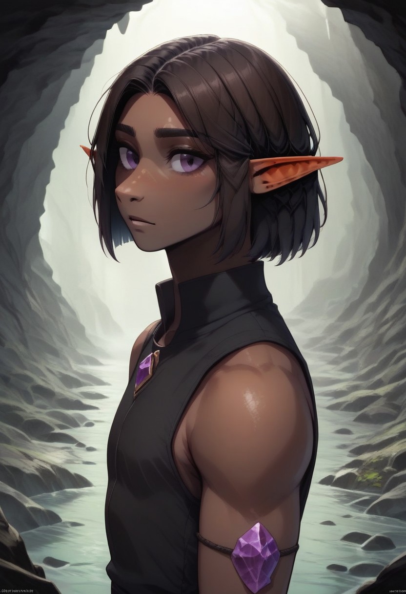 Repeta, 1 person, snout nose, solo, pointy ears, violet eyes, dark skin, dark brown hair, chin-length hair, parted hair, black sleeveless top, 
((crystal on arm, gemstone on arm, jewel on arm)),
organic cavern background,
Medieval style,
Bordered by rock walls, side view, 
Smooth colors, highly detailed face, clean lines, high quality, best quality, masterpiece, score: 9, score: 8 up, rating: safe, source: semi-realistic,
