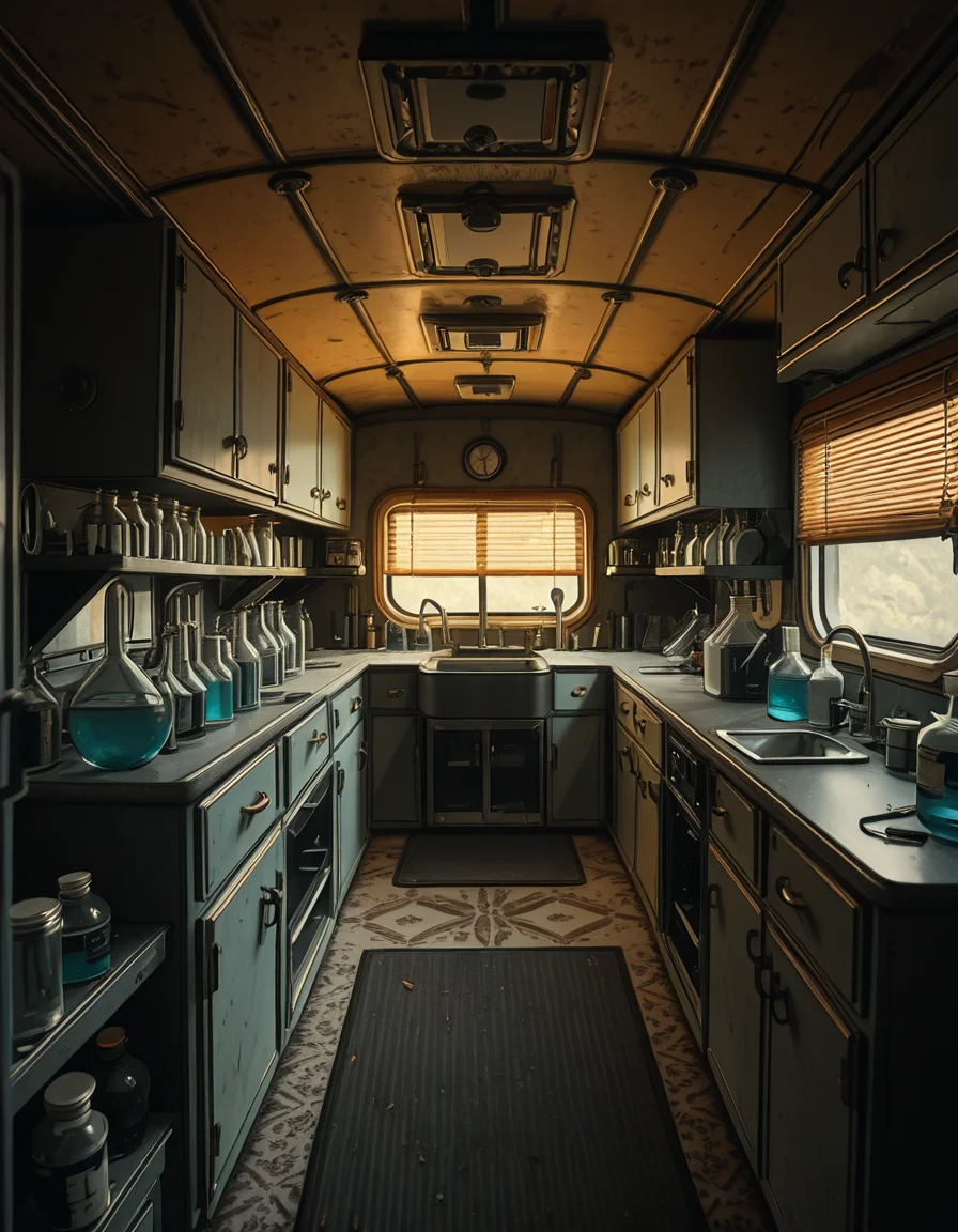 The interior of an old RV converted into a clandestine drug laboratory, inspired by the TV series Breaking Bad. The space is cramped and messy, filled with scientific equipment, glass beakers, flasks, burners, chemical containers, and lab tools scattered around. The walls are aged and stained, with peeling wallpaper and old metallic cabinets. A small sink area is cluttered with dirty lab glassware. The lighting is dim and tinted yellow, with sunlight barely filtering through dusty blinds. The floor is grimy, with a mix of rubber mats and worn carpet. The overall atmosphere is tense and gritty, capturing a sense of secrecy and danger. Hyper-realistic style, cinematic composition, rich in textures and shadows.
<lora:SDXLFaeTastic2400:0.4> <lora:extremely_detailed:0.4> extremely detailed,old RV drug l4b0r4t0ry, <lora:old_RV_drug_l4b0r4t0ry-i:1>, Masterpiece,best quality,hi res,8k,hi res,8k,award winning,(sharp focus, intricate, highly detailed),
