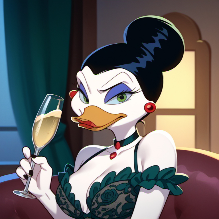 score_9, score_8_up, score_7_up, 1girl, solo, mvdt2, duck, beak, furry, expensive lingerie, furry female, green eyes, jewelry, makeup, hair bun, black hair, holding champagne, upper body, looking at viewer, <lora:mvdt2:1>,