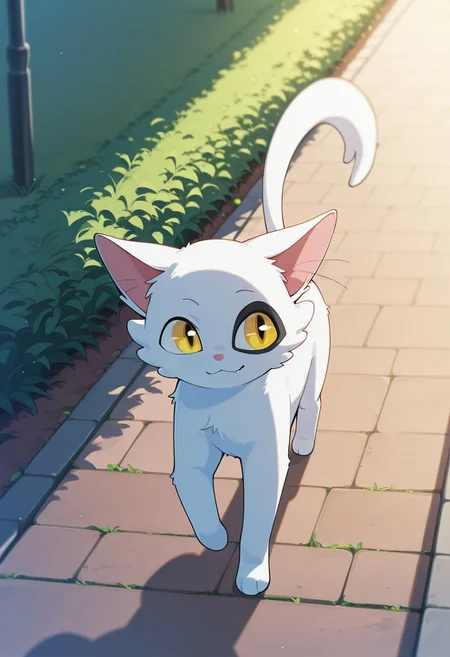 score_9, score_8_up, score_7_up, score_6_up, score_5_up, score_4_up, solo, feral, cat, white fur, white cat,yellow eyes, smug, walking,yard
