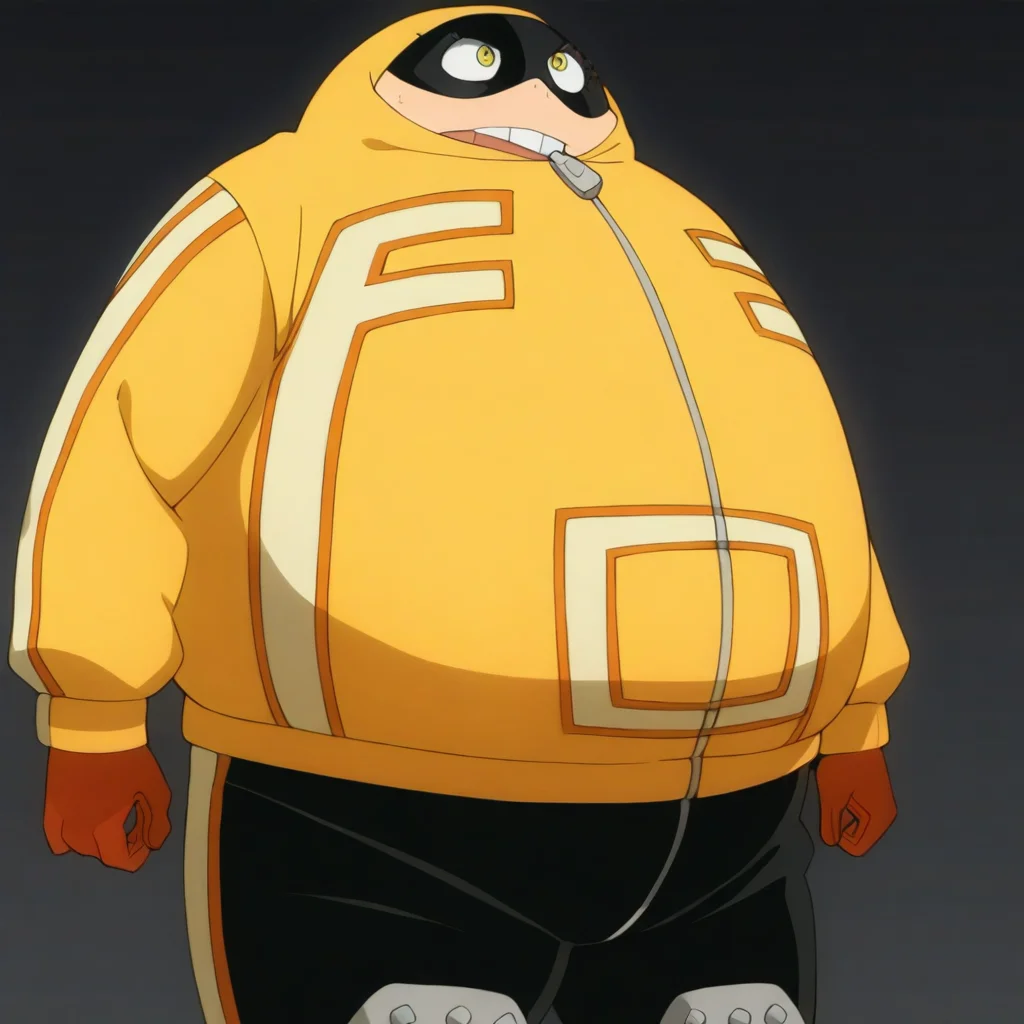 fatgum, male, overweight, black mask, yellow jacket, black track pants, boots, knee pads, gloves, hood up, yellow eyes, zipper pull tab, masterpiece, best quality, absurdres, newest, perfect quality, detailed background, intricate details,