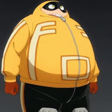 fatgum, male, overweight, black mask, yellow jacket, black track pants, boots, knee pads, gloves, hood up, yellow eyes, zipper pull tab, masterpiece, best quality, absurdres, newest, perfect quality, detailed background, intricate details,