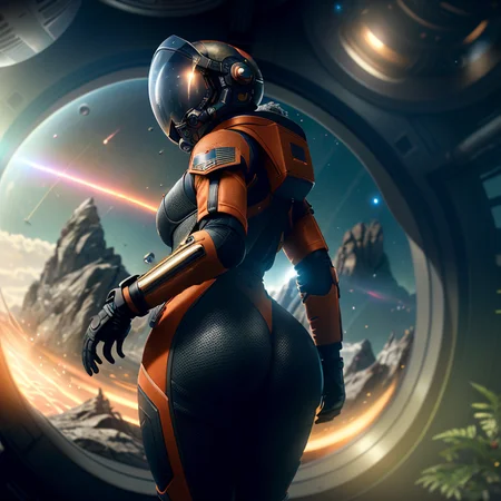 Highly detailed RAW color Photo, Rear Angle, Full Body, of (female space soldier, wearing orange and black space suit, helmet, tined face shield, rebreather, accentuated booty), outdoors, (looking up at advanced alien structure, on alien planet), toned body, big butt, (sci-fi), (mountains:1.1), (lush green vegetation), (two moons in sky:0.8), (highly detailed, hyperdetailed, intricate), (lens flare:0.7), (bloom:0.7), particle effects, raytracing, cinematic lighting, shallow depth of field, photographed on a Sony a9 II, 50mm wide angle lens, sharp focus, cinematic film still from Gravity 2013