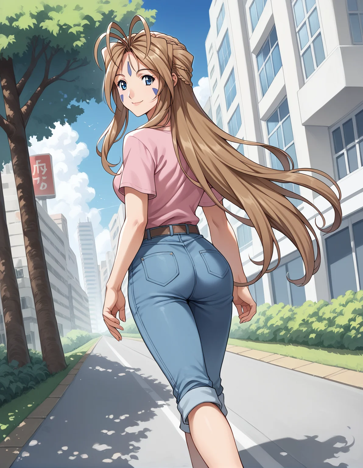 score_9, score_8_up, score_7_up, score_6_up, score_5_up, score_4_up, source_anime, rating_safe, BREAK <lora:belldandyXL_LoRA-C3Lier_AdamW_Dim8_Alpha8_UN-3e-4_TE-1e-4_10batch_ponyDiffusionV6XL_v6StartWithThisOne:1>, belldandy, 1990s (style), 1girl, blue eyes, long hair, antenna hair, brown hair, facial mark, forehead mark, smile, happy, pink shirt, pant, looking at viewer, looking back, from behind, dutch angle, city, road, shop, walking, tree, blue sky, sunlight, cityscape