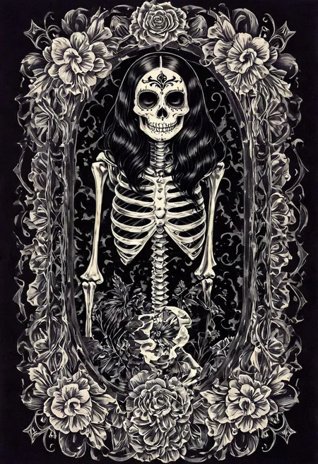gothic illumination, skeleton pinup, dia dela muerte face