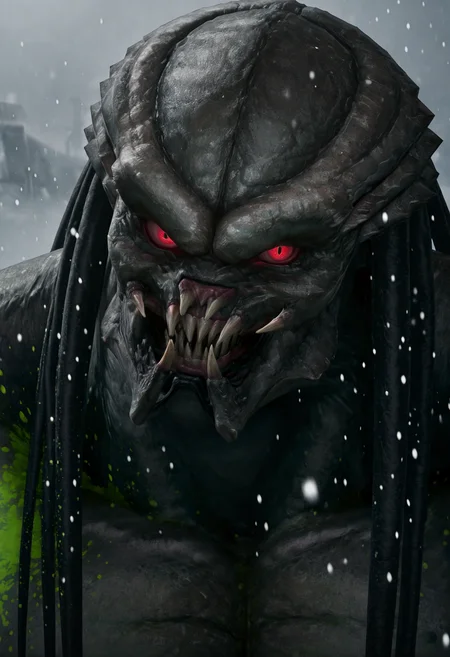 very awa, masterpiece, best quality, absurdres, newest, perfect quality, detailed background, b3rs3rk, yautja, monster, 1boy, solo, muscular, bara, head_tilt, looking_at_viewer, green_blood, red_eyes, snowing, depth_of_field, cinematic, portrait,
