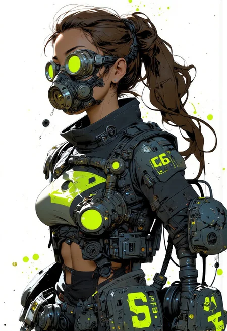 This is a digital illustration depicting a futuristic, cyberpunk-style character set against a stark white background with vibrant splashes of neon green. The character is a young woman with light brown skin and a high, angular cheekbone structure. She has a lean physique, and her hair is pulled back into a high ponytail. She wears a bulky, high-tech jacket with multiple layers and patches, primarily in shades of black, grey, and neon green. The jacket has a high collar and numerous pockets and straps, some of which are marked with the number "56" in bold, neon green. She also dons a pair of large, round goggles that cover her eyes, adding to her futuristic look. Her face is partially obscured by a black, respirator-style mask that has a small, circular window for her eyes. The illustration is characterized by sharp, angular lines and bold, contrasting colors, typical of modern digital art styles. The overall aesthetic is edgy and high-tech, evoking a sense of urban dystopia and advanced technology. The character's attire suggests a blend of military and streetwear, with a focus on practicality and high-tech functionality.
