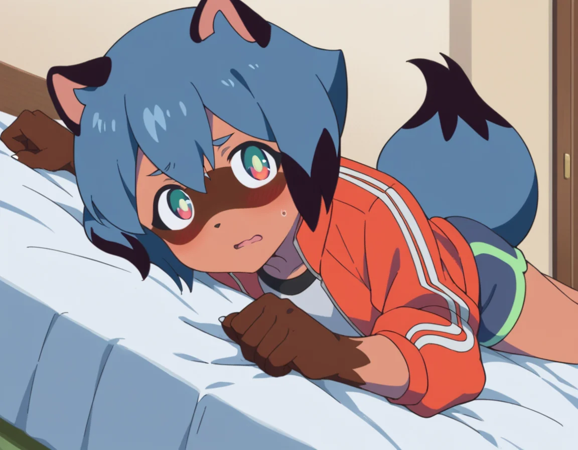 score_9, score_8_up, score_7_up, source_anime,
michirukagemori, <lora:michiru-kagemori-s1-ponyxl-lora-nochekaiser:1>,
michiru kagemori, short hair, black hair, animal ears, blue hair, multicolored hair, furry, furry female, raccoon ears, body fur, raccoon girl, raccoon tail, tail,
shirt, jacket, white shirt, shorts, red jacket, blue shorts, track jacket,
indoors, bed, bed room, on side, blush, drunk,
solo, dutch angle, looking at viewer, cowboy shot,