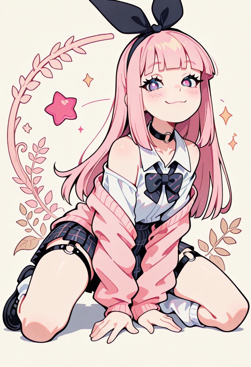 1 girl , solo , blushing , closed mouth , bratty smile , eyelashes , cute , long straight hair , blunt bangs , winking , star , ribbon , hair ribbon , 
slim , slender , 
thigh strap, choker, o-ring choker, pink cardigan, bowtie, white shirt, shirt open, tucked in, plaid skirt, pleated skirt, bare shoulder, white socks, loose socks, black footwear, 
full body view, kneeling, spread legs, leaning forward, 
masterpiece, best quality ,amazing quality ,S4bit4mago_illu , Protoneon  ,s0wasow4rt_illu, t1m3r