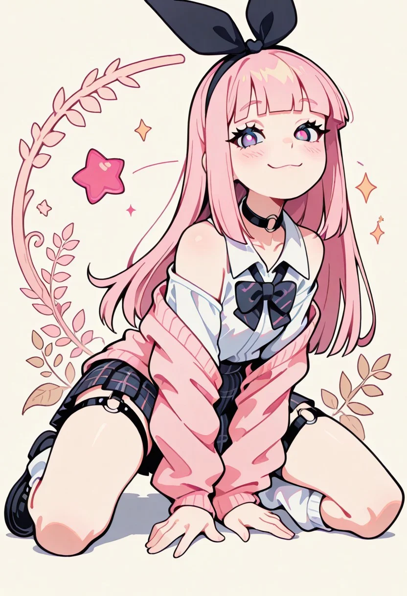 1 girl , solo , blushing , closed mouth , bratty smile , eyelashes , cute , long straight hair , blunt bangs , winking , star , ribbon , hair ribbon ,
slim , slender ,
thigh strap, choker, o-ring choker, pink cardigan, bowtie, white shirt, shirt open, tucked in, plaid skirt, pleated skirt, bare shoulder, white socks, loose socks, black footwear,
full body view, kneeling, spread legs, leaning forward,
masterpiece, best quality ,amazing quality ,S4bit4mago_illu , Protoneon ,s0wasow4rt_illu, t1m3r