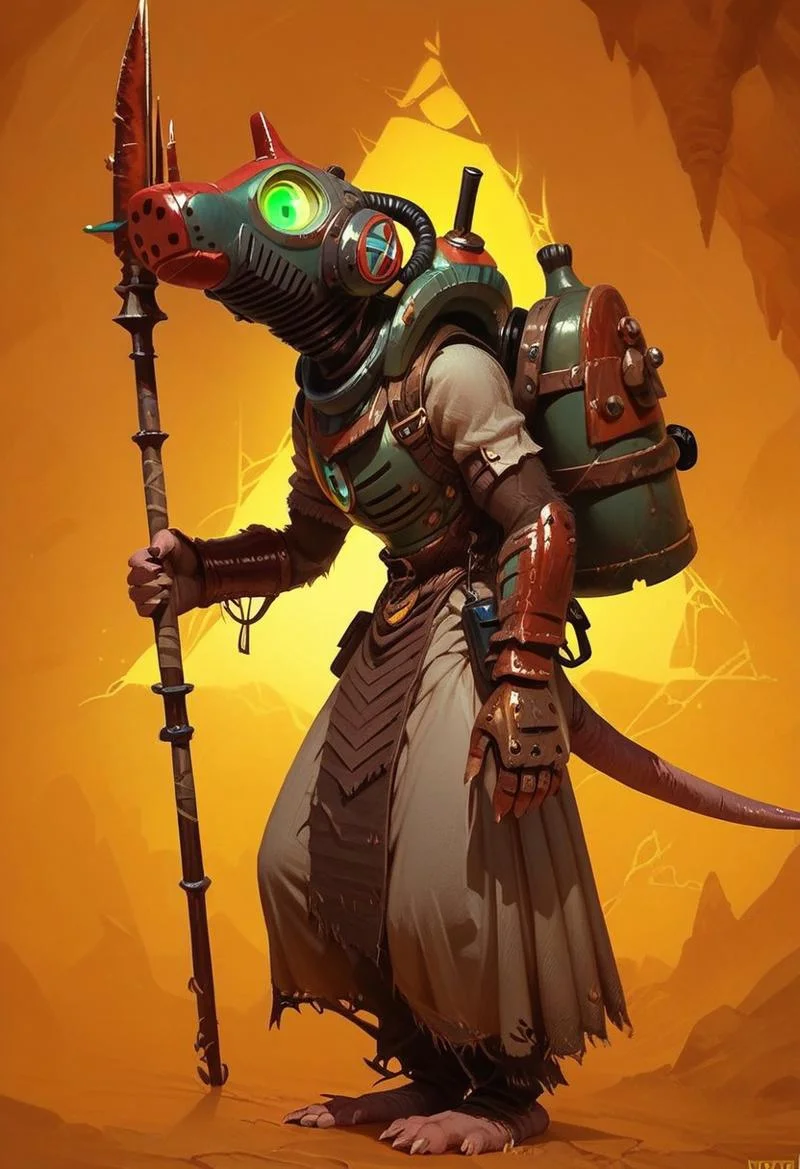 score_9, score_8_up, score_7_up, score_6_up, 1 anthro rat male, wearing engineer armor with gas mask, brown fur, bald, fullbody, looking at viewer, (cave glowing background), 3/4 side view, full body view, standing, holding big spear in hand