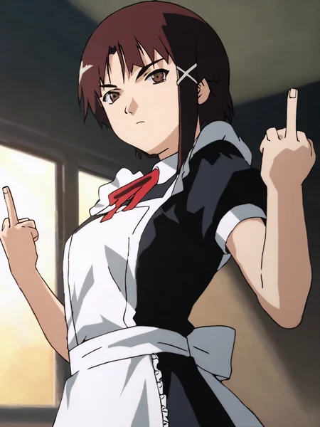 score_9, score_8_up, score_7_up, score_6_up, score_5_up, score_4_up, BREAK source_anime, <lora:Lain_PonyXLv3:0.8> Lain, 1girl, indoors, window, sunlight, looking at viewer, serious, dutch angle, maid uniform, ((double middle finger)), single sidelock, x hair ornament