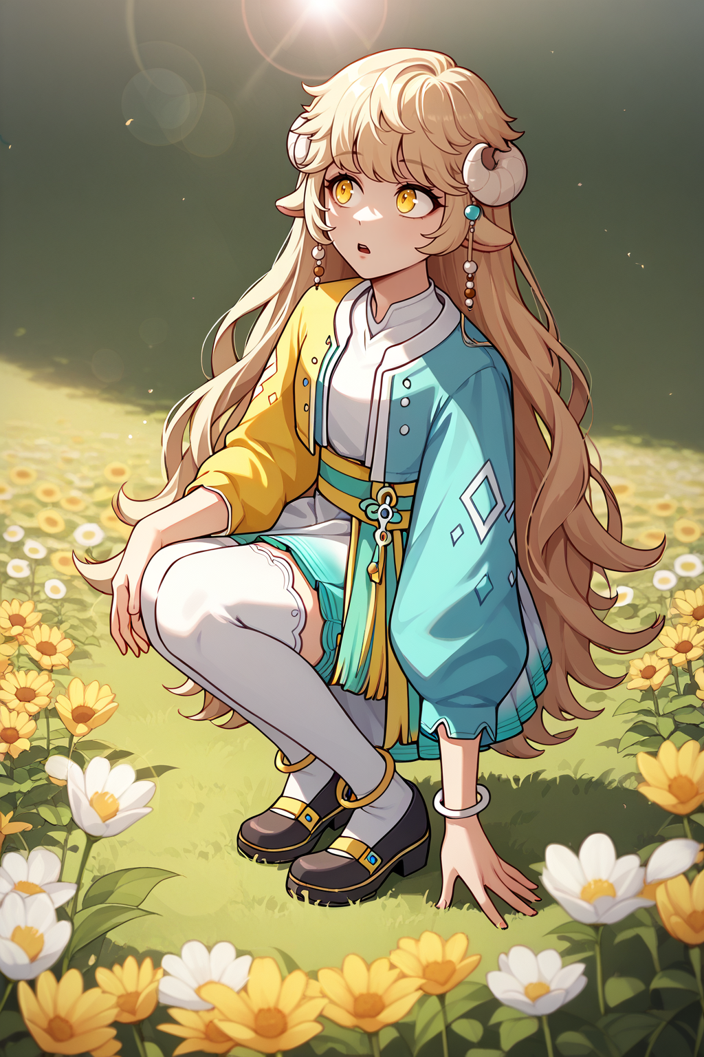 score_9, score_8_up, BREAK, 1girl, solo <lora:NSLaraMaplestory:1> NSLaraBase, blonde hair, long hair, yellow eyes, curled horns, animal ears, hair beads, multicolored clothes, anklet, white thighhighs, white bloomers, frilled dress, sash, open jacket, two-tone jacket, cropped jacket, long sleeves, mismatched sleeves, bracelet, looking up, flower field, parted lips, surprised, sunny, lens flare, black footwear, squatting, rural village