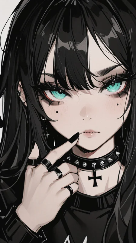 ,masterpiece,best quality,newest, <lora:Monochrome_Glamourv1:0.9> mcglam, 1girl, black hair, anime, teal eyes