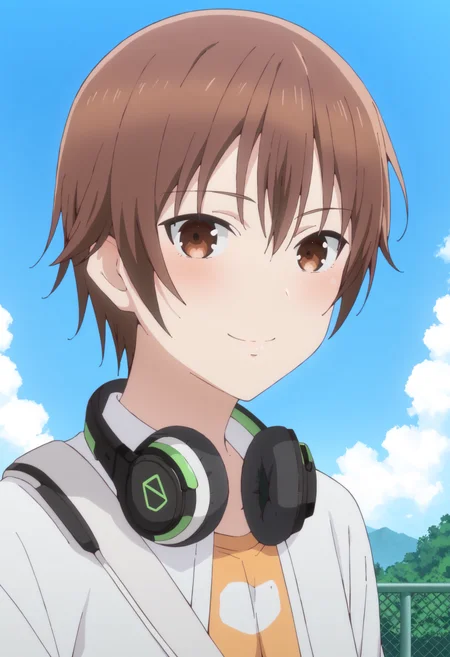 score_9, score_8_up, score_7_up, source_anime, outdoors, sky, 
BREAK,
 <lora:ninomae_kanade_ponyXL_v1:1> ninomae kanade, 1girl, solo, looking at viewer, smile, shirt, white shirt, upper body, headphones, headphones around neck, orange shirt