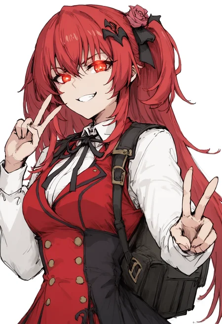 score_9, score_8_up, score_7_up, solo, upper body portrait, naughty traditional art, lineart, fully clothed, action pose, V sign,
<lora:Amelia_Rose:0.8>, amelia_rose, 1girl, red hair, red eyes, Main dress; school uniform, white thighhighs,
glowing eyes, smug, hair ornament,
looking at viewer,
dark fantasy,
<lora:cutesexyronutts_style_xl:0.8>, <lora:Black_souls_style:0.8>, <lora:artisdex_Art_Style_PONY_XL_by_UOC:0.6>, 4rtisd3x, artisdex, artisdex art style,