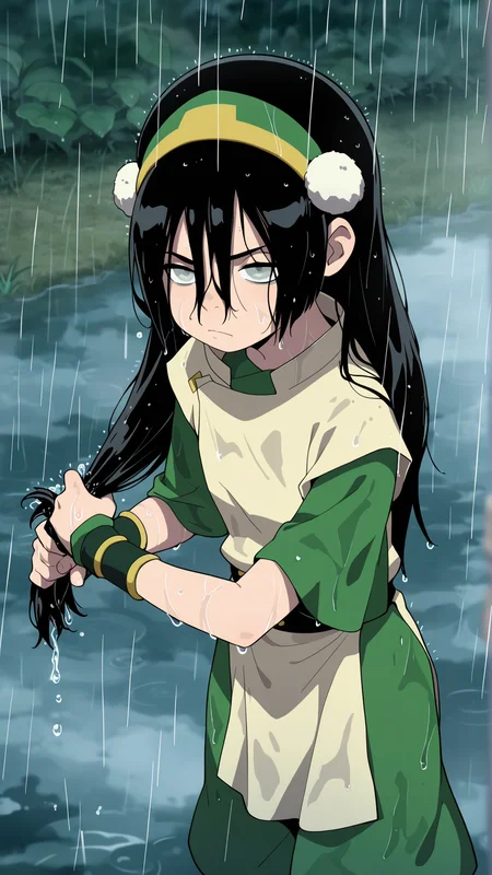 masterpiece,best quality,amazing quality, absurdres, solo, 1girl, <lora:WaiToph:0.9> illutoph, black hair, hair between eyes, blind, grey eyes, hair down, long hair, hairband, tunic, wristband, wet, wet hair, outdoors, rain, annoyed, (wringing hair:1.4),