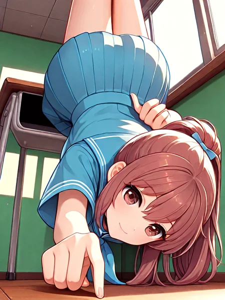 absurdres, explicit, one finger handstand, pointing down, hand on ground, 1girl, light smile, large breasts, ponytail, brown hair, serafuku, school unifrom, full body, from below, low pov, indoors, desk, classroom, window, arm behind back, <lora:onefingerhandstand_ilxl:1>