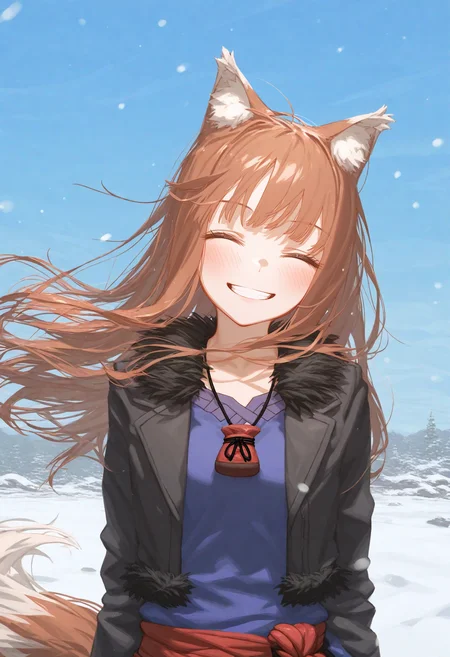 hllv, sketch,
holo, 1girl, solo, long hair, blush, smile, shirt, brown hair, long sleeves, animal ears, jacket, tail, upper body, closed eyes, outdoors, open clothes, sky, day, grin, open jacket, black jacket, animal ear fluff, fur trim, head tilt, blue shirt, wolf ears, facing viewer, wolf tail, snow, pouch, wolf girl, wind, windy hair,
, masterpiece, best quality, good quality,
<lora:ai_styles_collection_noob_vpred-1.0-v5:1>