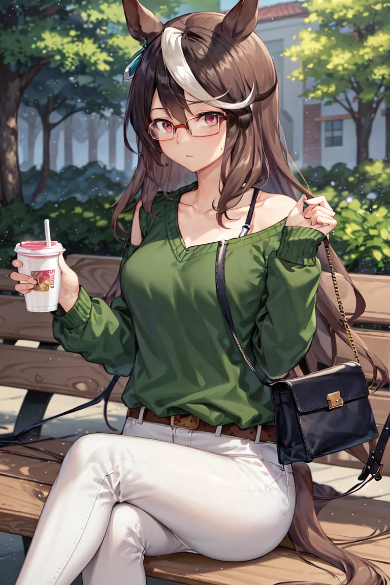 masterpiece, best quality,
symboli rudolf \(umamusume\),
sitting, on bench, holding cup, disposal cup, outdoor, crossed legs,
collarbone, shoulder bag, handbag, white pants, green shirt, casual, long sleeves, sweater, glasses, belt,
<lora:sybmoli_rudolf_locon:0.6>