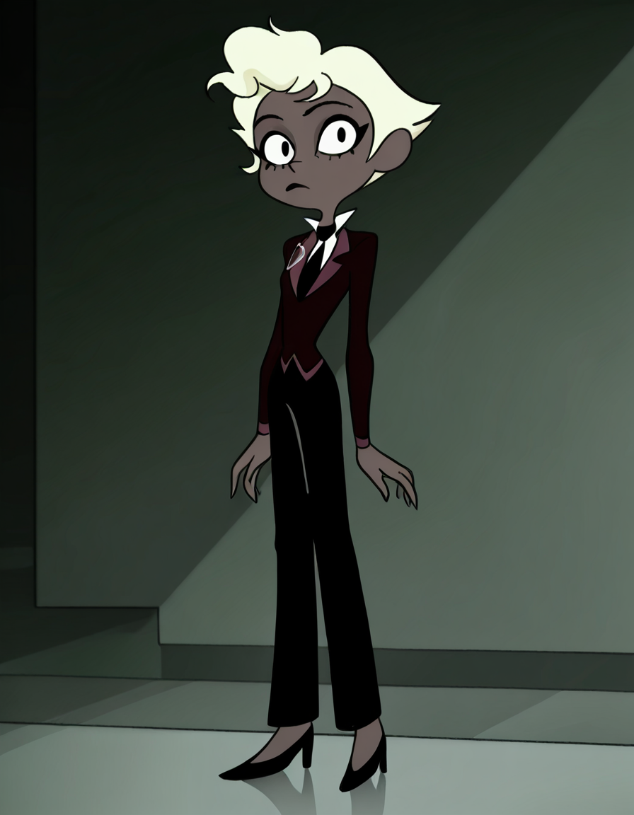 <lora:Agent2Illustrious1.0JLFO:1> agent2, 1girl, solo, blonde hair, suit, formal, necktie, short hair, female focus, black necktie, dark skin, long sleeves, pants, looking at viewer,full body, high heels, standing,