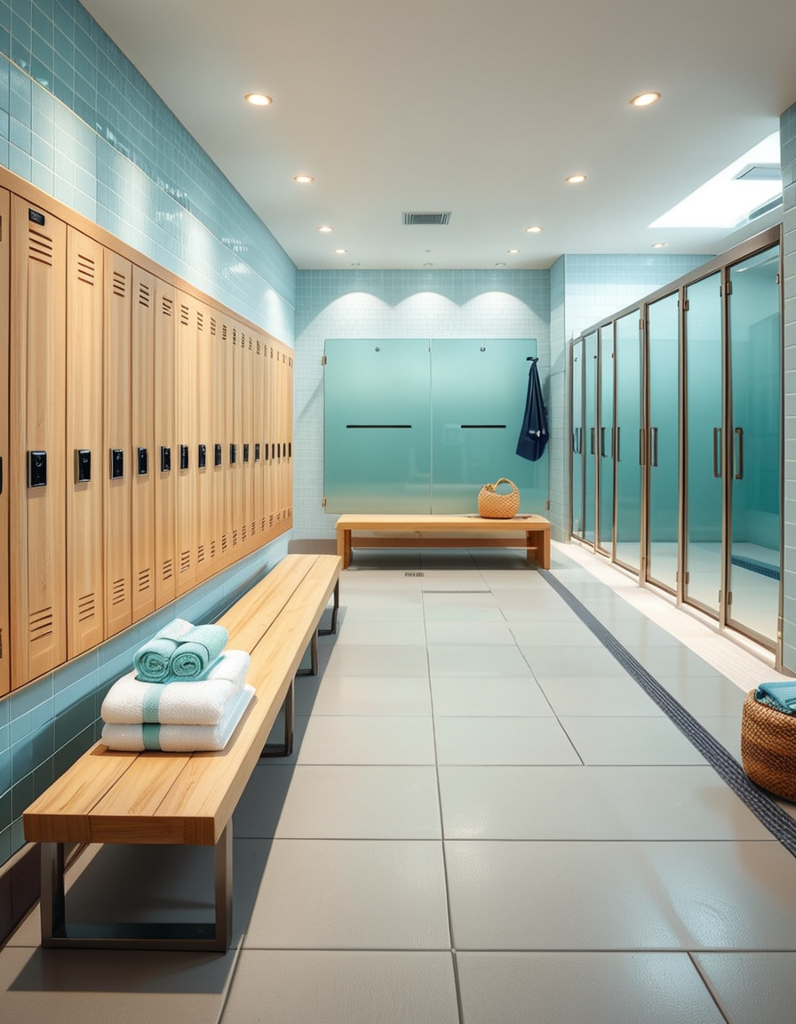A realistic photograph of a modern swimming pool changing room, featuring clean, sleek design with white tiled walls and light blue accents. Rows of wooden benches with metal frames are neatly aligned in the center of the room. On the sides, there are individual lockers with glossy pastel-colored doors (light blue, mint green, and pale yellow), each with small number labels. Hooks are mounted on the walls, some holding neatly folded towels. The floor is made of non-slip gray tiles, slightly wet, reflecting the soft overhead LED lighting. The atmosphere is fresh and inviting, with a subtle fog from the pool area beyond a frosted glass door at the back. To the left side of the room, a large mirror spans the wall above a counter with built-in sinks, chrome faucets, and a few small bottles of hand soap. A subtle reflection of the interior is visible in the mirror. No people are present in the room. The lighting is bright but natural, as if itâs daytime with soft sunlight filtering through small high windows. The mood is calm, clean, and welcoming, captured with a high-resolution camera in photorealistic style. 
<lora:SDXLFaeTastic2400:0.4> <lora:extremely_detailed:0.4> extremely detailed,<lora:swimming_pool_ch4ng1ng_r00m:1>,swimming pool ch4ng1ng r00m, Masterpiece,best quality,hi res,8k,hi res,8k,award winning,(sharp focus, intricate, highly detailed),