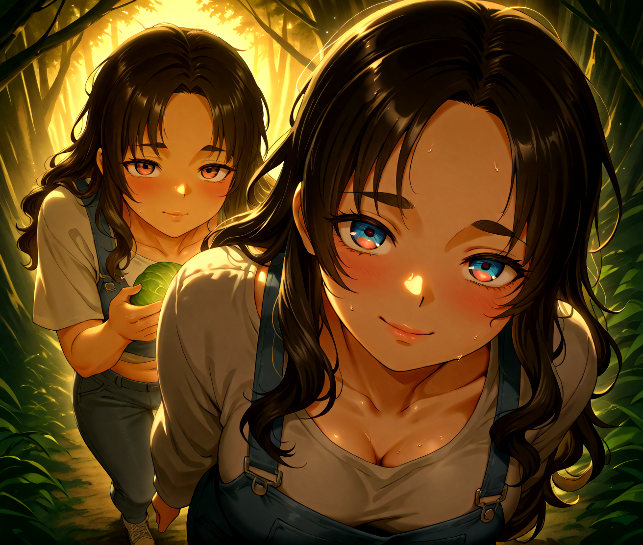 PonyScores7, source_anime, ah1, IllustriousQual, Mdastarou, <lora:natsumi_style:0.5>, <lora:by_usakun-pony:0.4> by usakun, <lora:Akina_Bbw_Style_-_PonyXL:0.2> AkinBw
BREAK (zoom_out:1.8), (futuristic fashion photography, exploring avant-garde designs, dynamic compositions, vibrant colors, storytelling through innovation, showcasing bold styles, unique perspectives, emotional depth, artistic expression, immersive experiences, highlighting creativity, powerful narratives, blending reality and imagination, captivating visuals, exploring the future of fashion)
BREAK 1girl, mature female, (round face:1.2), (thick eyebrows:1.3), (curvy), round-chin, caucasian, (plump face), <lora:Round_face:0.2>, <lora:ETO_OCPonyXL:0.3> eto_oc, skindentation, (plump), thick thighs, wide hips, busty, voluptuous, lips, <lora:venus body PonyXL:0.3>, <lora:shinyskin2:0.2> glistening skin
BREAK  (((curly hair), long hair, (black hair:1.4), (parted hair:1.7), messy hair, kinky curls, <lora:hairdetailpxl:0.2> hairdetailpxl))
BREAK ((half green and brown eyes), (colorful eyes), (multicolored eyes), (downturned eyes:1.4), <lora:expressive eyes:0.2> expressive eyes, <lora:eyedetailpxl:0.2> eyedetailpxl, <lora:Eyes_High_Definition:0.2> EyesHD)
BREAK ((Ecstatic,  <lora:Expressive_H:0.2> Expressiveh, <lora:Emotional_Anime_Expressions_PonyXL_Concept:0.2> emotional, <lora:Best_Facial_Expression_LoRA_PONY:0.2>, looking at viewer, <lora:Detailed expressive EXEV style -XL Pony V1.0:0.2> FaceDetail))
BREAK ((offering Chinese Cabbage))
BREAK Sage Green and Warm Beige acid-washed denim overalls, crop top, high-top sneakers, backwards baseball cap
BREAK (((a dramatic view of the cliffs at Los Siete Altares in Guatemala, with cascading waterfalls surrounded by dense jungle, The scene is set during golden hour, with warm light creating a magical atmosphere, The mood is serene and inviting, perfect for appreciating natural beauty)))
BREAK <lora:xl_more_art-full_v1:0.2>, <lora:aesthetic_anime_v1s:0.2>, <lora:EpicF4nta5yXL:0.2>, <lora:detailxl:0.2> detailxl, <lora:Fant5yP0ny:0.2>, best quality, amazing quality, best aesthetic, absurdres, illustration, Volumetric_Lighting, ultra-detailed, very aesthetic, intricate details, 8k, masterpiece, best_quality
BREAK Stable_Yogis_PDXL_Positives, AS-Adult, <lora:Complicated fantasy portrait - XL Pony V2.0:0.2>, bad-hands-5, <lora:HDA_Detailer:0.3>, HDA_FatGirlXL