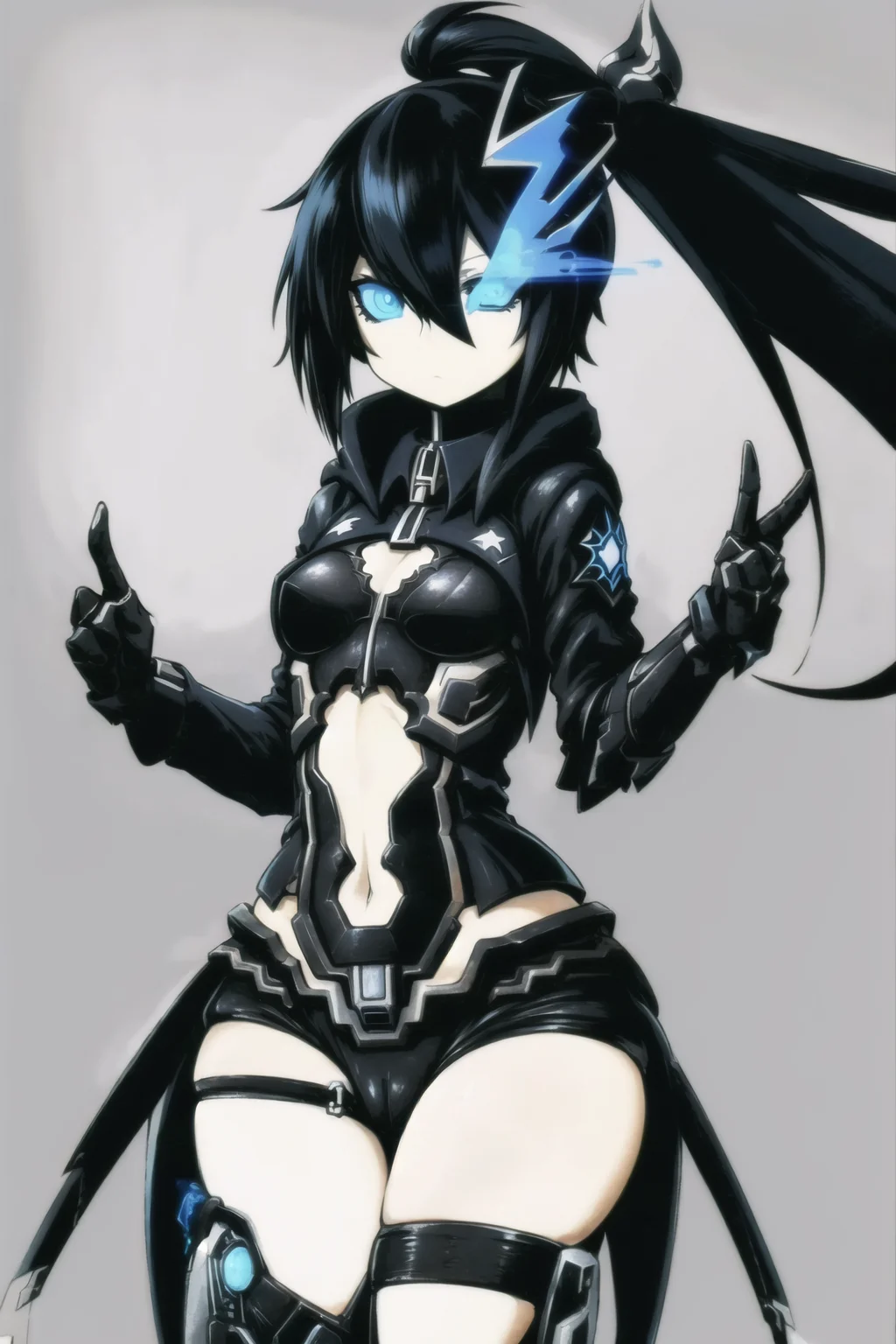 (solid eyes), colored sclera, blue eyes, black_rock_shooter_\(character\), small breasts, 1girl, wide hips, science fiction, futuristic ruin, <lora:Solid Eyes V6:0.6>, <lora:blackrockshooterLora_v05:0.6>