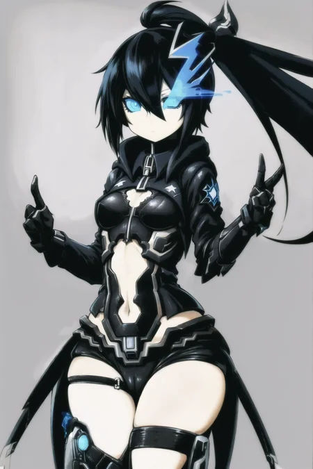 (solid eyes), colored sclera, blue eyes, black_rock_shooter_\(character\), small breasts, 1girl, wide hips, science fiction, futuristic ruin, <lora:Solid Eyes V6:0.6>, <lora:blackrockshooterLora_v05:0.6>