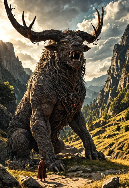 The Behemoth, a towering beast of unstoppable strength, stands amid a vast and desolate landscape, its muscular frame casting an enormous shadow over the land. Its thick, armored hide, a fusion of hardened flesh and stone-like plates, reflects the golden light of a setting sun. Massive legs, like the trunks of ancient trees, support its unimaginable weight, each step causing the earth to tremble.
Its colossal head, crowned with curved horns, surveys the land with piercing, ancient eyes, deep and knowing. Steam rises from its nostrils as it exhales, shaking the air like distant thunder. A tail, as powerful as a cedar tree, sweeps behind it, capable of leveling forests in a single motion.
The surrounding land is shaped by its presence—rivers carve new paths around its feet, trees bow under the pressure of its movements, and mountains seem smaller in comparison. No man, no weapon, no force on earth can challenge it. Behemoth is not just a creature; it is a living testament to divine power, a beast that roams untouched, answerable only to its Creator.
Ultra-detailed, cinematic lighting, biblical mythology, awe-inspiring scale, primal and untamed wilderness, epic divine creature, dark and moody composition, fantasy animal