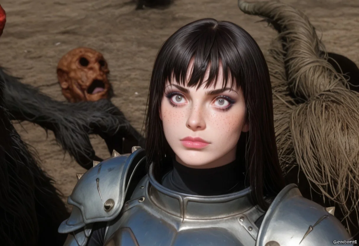 score_9, score_8_up, score_7_up, score_6_up, 1girl, beautiful gorgeous girl with brunette (bangs), feminine face, freckles, scar above left eye, black eyes, makeup, perfect eyes, green high tech armour,
((fearfull), fear expression), ((<lora:berserk_trolol:1> berserk_trolol, monster, )), surrounded by monsters
