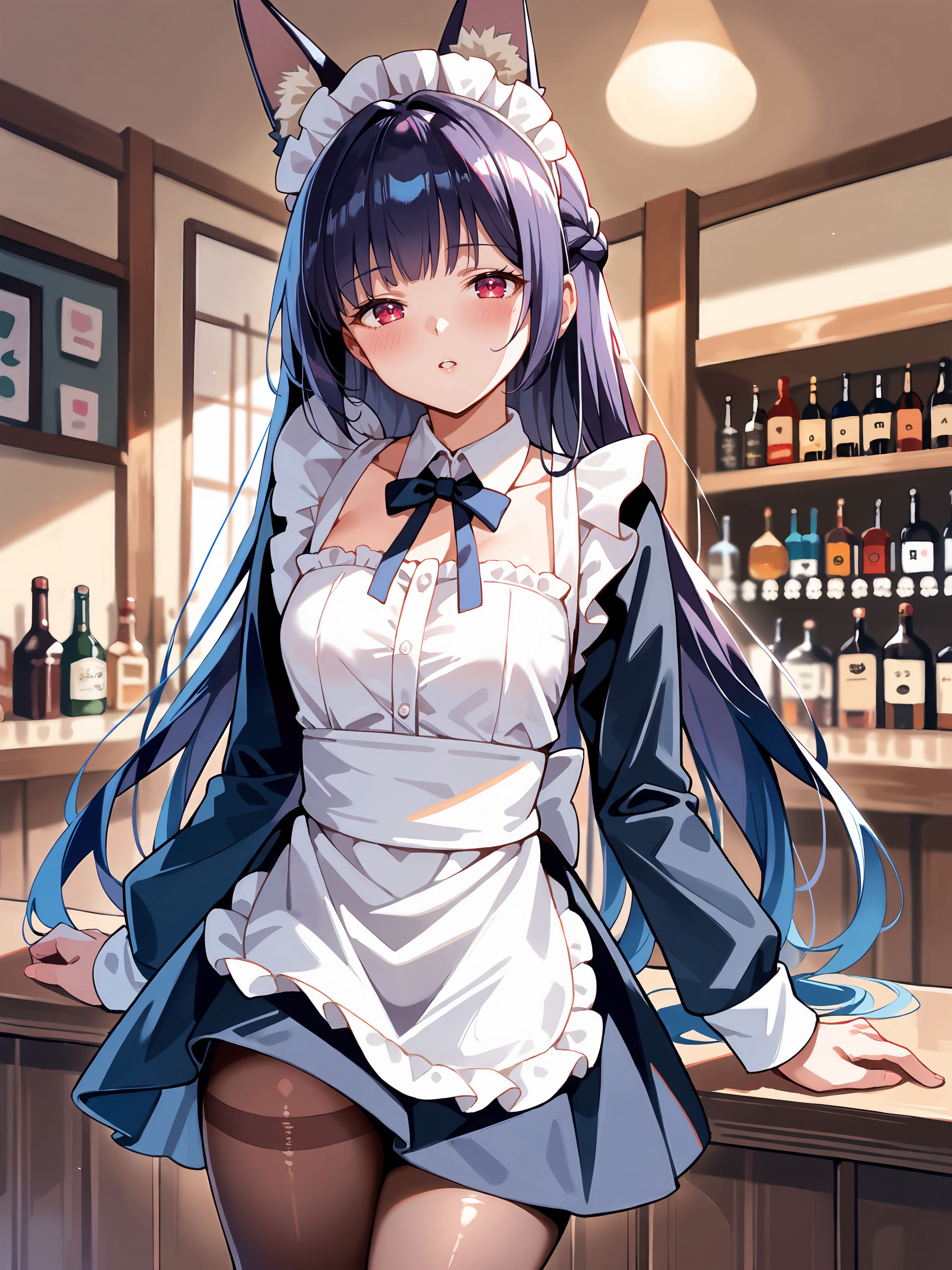 score_9, score_8_up, score_7_up, source_anime, ray tracing, best quality,   <lora:Char-ZZZ-Hoshimi_Miyabi-V1-Pony:1:hr=0.5>, 1girl, hoshimi miyabi, solo, maid, maid headdress, maid apron, parted lips, pantyhose, open mouth, blush, parted lips, looking at viewer, cowboy shot, bar \(place\), indoors, depth of field