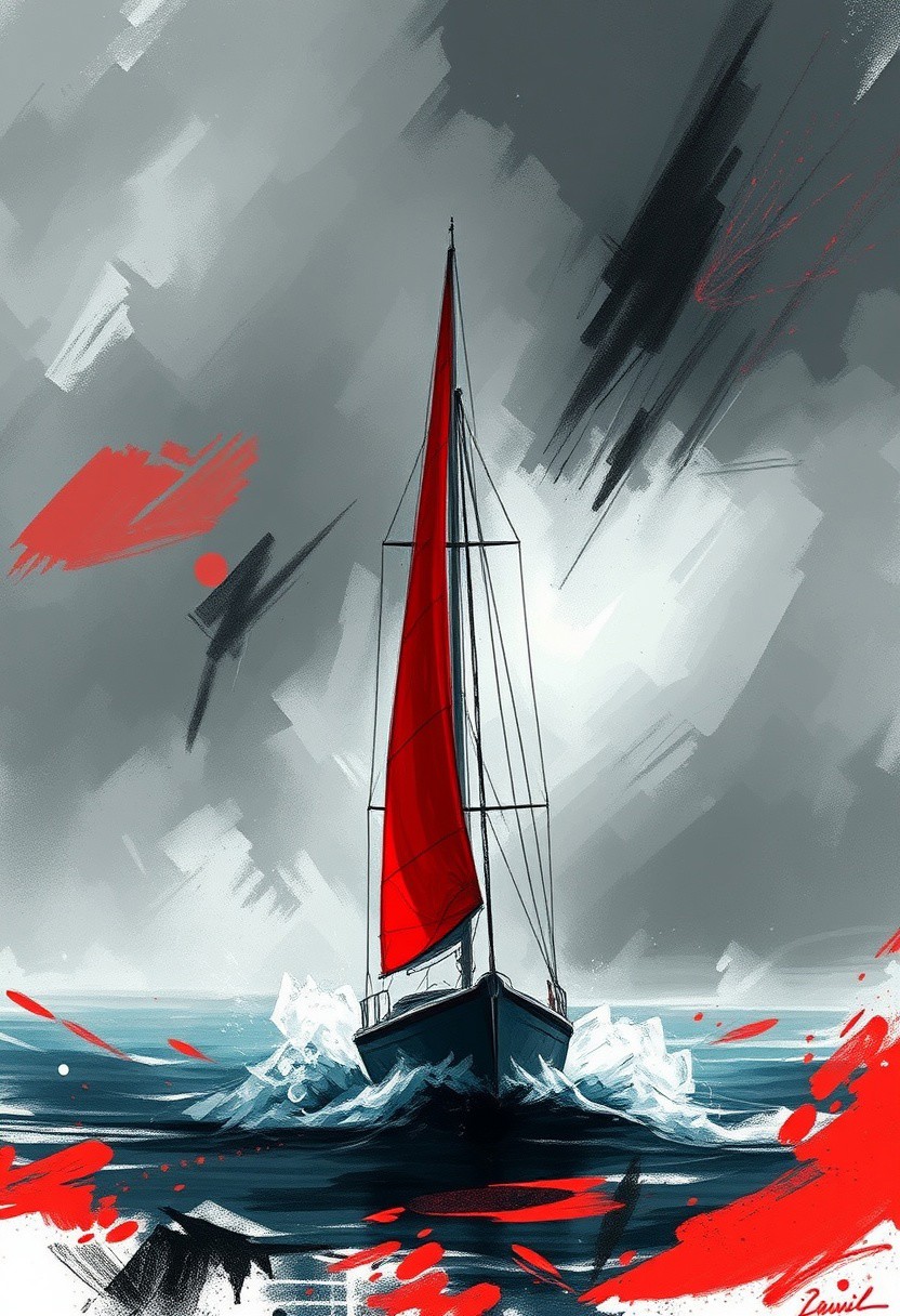 Intense dramatic weather depicted in a dynamic digital sketch: a sailboat with a vibrant red sail, stormy skies, misty atmosphere, loose painterly strokes, complementary epic colors, focus on mood and texture.