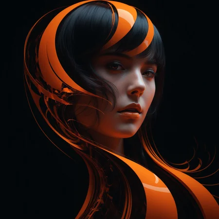 Inspired by the avant-garde styles of Kurt Roesch, this digital portrait reimagines a woman's countenance as a gateway to a parallel universe, where colors and forms converge in a mesmerizing ballet of energy, In a digital tapestry of orange and black hues, a human form is transfigured into a cosmic arena, where the forces of order and chaos, light and darkness, engage in an eternal struggle for dominance, echoing the pioneering works of Mike Winkelmann, This digital artwork presents a portrait as a canvas for unbridled artistic expression, fragmenting and reassembling features in a dizzying array of geometric shapes and luminous fractals, defying the conventions of traditional representation, A riot of orange and black hues swirls across the digital canvas, forming an intricate, fractal pattern that seems to pulse with an almost tangible sense of energy, as if the pixels themselves were alive and writhing with uncontainable vitality