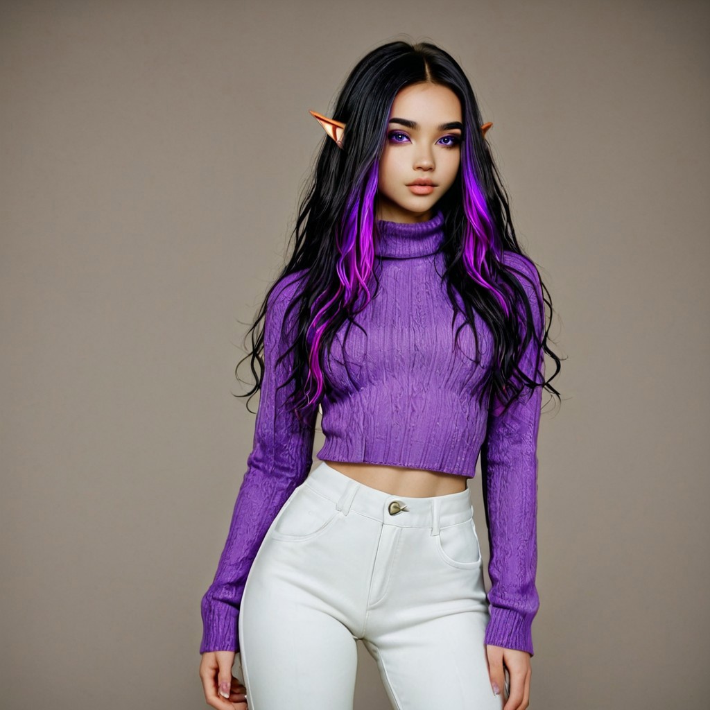 Isabella, wearing a purple sweater, sexy elf, black hair with purple highlights, long styled curly hair, hyper realistic, white pants