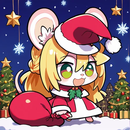 padoru <lora:padoru-IL-1.0:1>, masterpiece, perfect quality, best quality, anime coloring, 1girl, solo, padorumeme, padoru, christmas background, Chloe, 1girl, solo, long hair, blonde hair, animal ears, green eyes, furry female, mouse ears, mouse girl, mouse tail, body fur, white fur, bangs, animal nose,  <lora:Chloe_v02_PDXL:1>, score_9, score_8_up, score_7_up, score_6_up, score_5_up, score_4_up,