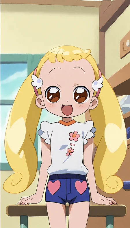 anime artwork of score 9,score_8_up,score_7_up,source_anime,masterpiece,best quality,(parody:1.2),(anime screencap:1.2),
BREAK
(makihatayama hana:1.2),1girl,twintails,blonde hair,brown eyes,ornament,hairband,solo,
BREAK
(hanacos01:1.2),white print shirt,blue short shorts,
BREAK
smile,cute pose,indoors,(cowboy shot:1.5),
<lora:hana_makihatayama_xl_for_pony_xl_v01>,