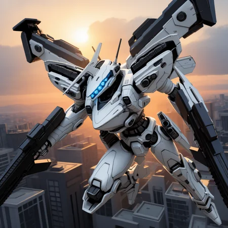 masterpiece, best quality, realistic, photorealistic, building, cityscape, sunlight, dawn, outdoors, solo, w1g0, white mecha, white robot, single horn, radio antenna, assault visor, blue visor, blue eyes, glowing eyes, extra eyes, mechanical wings, thrusters, radio antenna, black missile pod, dual wielding, beam rifle, dynamic pose, foreshortening, flying, exhaust, motion blur, <lora:White Glint:1>