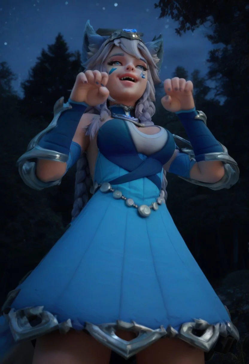 score_9,score_8_up,score_7_up,score_6_up,
iopldxl,blue eyes,wolf ears,twin braids,tiara,looking at viewer,single facial mark,smile,
blue dress,cleavage,detached sleeves,bare shoulders,paw pose,open mouth,from below,
night,forest,lake,solo,
<lora:IoPLDXL:0.9>,