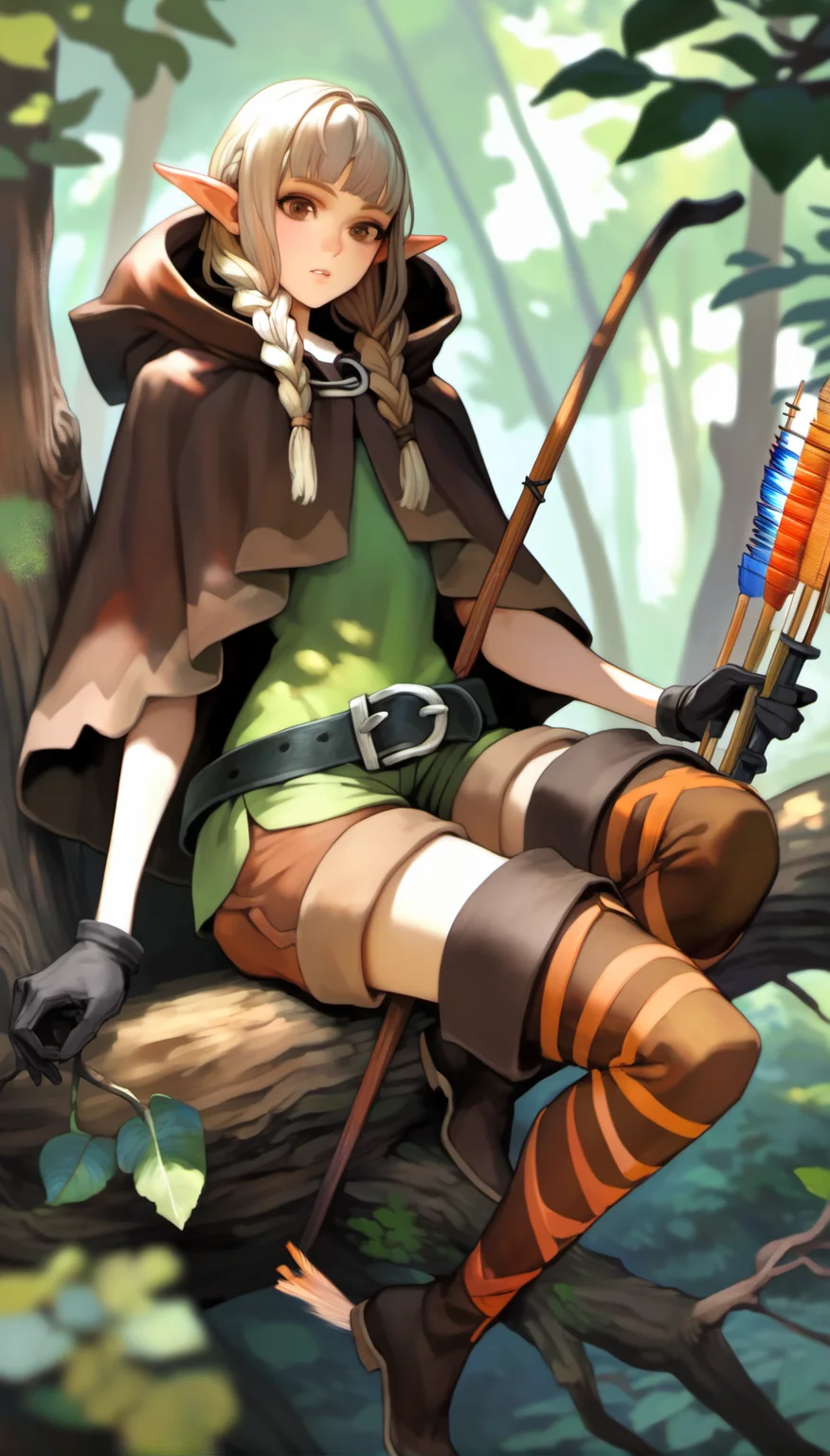 score_9,score_8_up,score_7_up,
<lora:vanillaStyle3:0.9>,
vanillastyle,
elf,1girl,solo,white hair,blunt bangs,twin braids,pointy ears,brown eyes,looking at viewer,parted lips,green short dress,brown hooded cloak,light brown cape,black belt with silver buckle,brown shorts,quiver,black gloves,brown thigh boots with light brown ribbon,full body,perched on a twisted branch with green leaves,
blurry background,outdoors,forest,dappled sunlight,