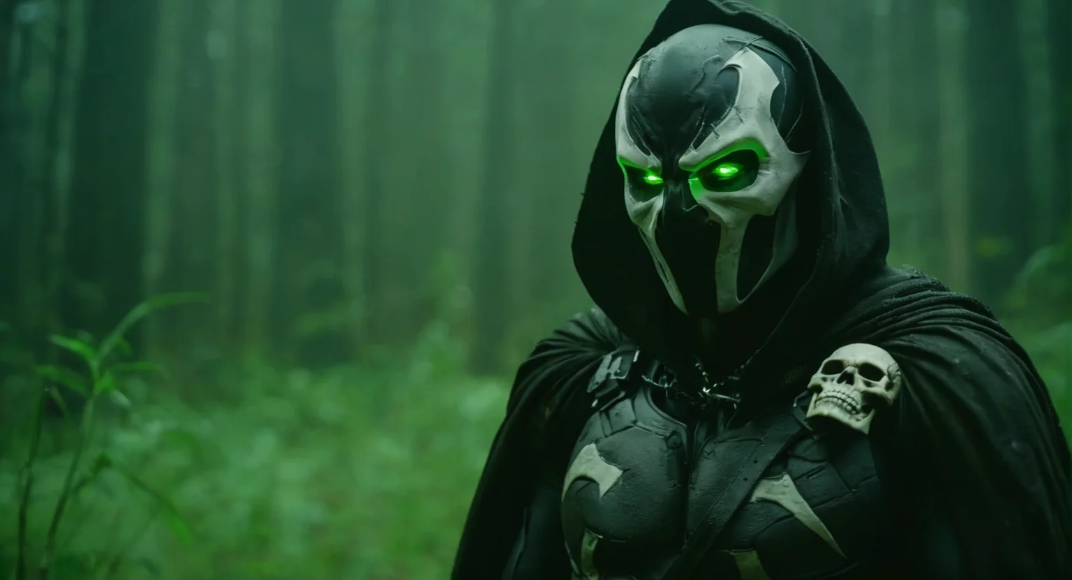 Dark Moody Atmosphere, (Cinematic Film stock footage style) in (arri alexa style) (Kodak film print style),
 <lora:Spawn:1>
Spawn a man with a gun and a skull on his shoulder and green eyes and a living symbiotic costume, dramatic, mysterious, dark moody atmosphere