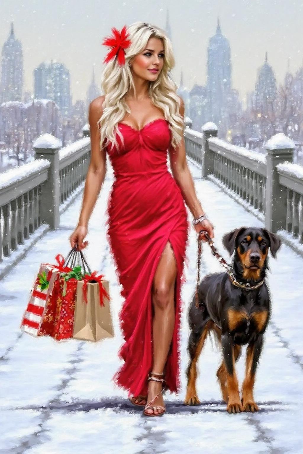 richardmacneil1 painting. 
A woman with long, wavy white hair is wearing a red dress with a high slit and a red bow in her hair. She is walking in the snow on a bridge, holding a shopping bag filled with wrapped presents in one hand and a leash attached to a doberman dog in the other.  <lora:richardmacneil1_cap_d8a4e11:1.0><lora:853259908982776868:0>